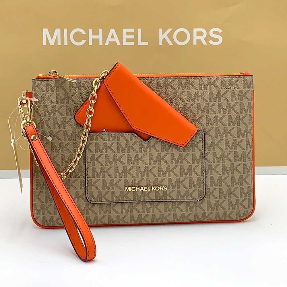 Michael Kors Jet Set LG 2 in 1 card case wristlet Wallet POPPY COLOR